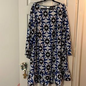 Long sleeve light weight ruffled dress, blue/black, white, red